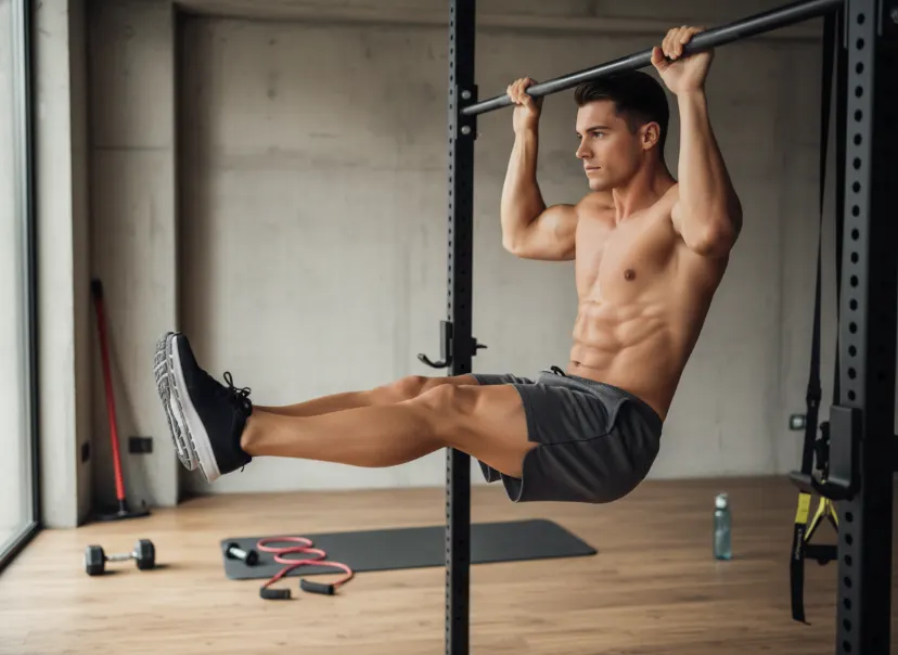 Man performing a hanging leg hold on a pull-up bar, demonstrating advanced core work tied to how often should you train your abs.