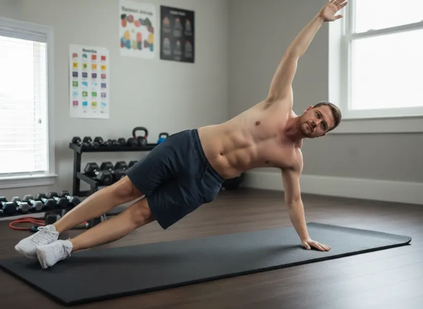 Man holding a side plank on a mat in a home gym, representing beginner guidance on how often should you train your abs.