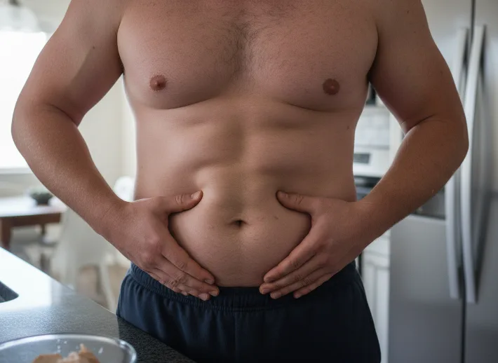 Man holding belly fat in a kitchen to illustrate why belly fat can be stubborn to lose