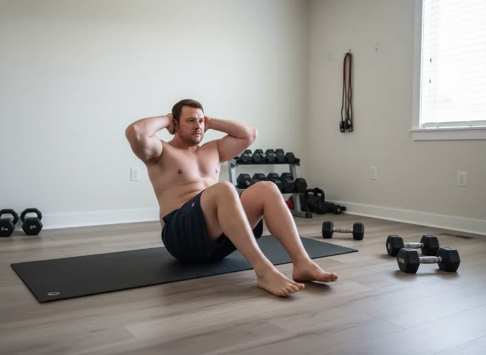 Man doing seated ab exercise at home to illustrate the timeline for losing belly fat