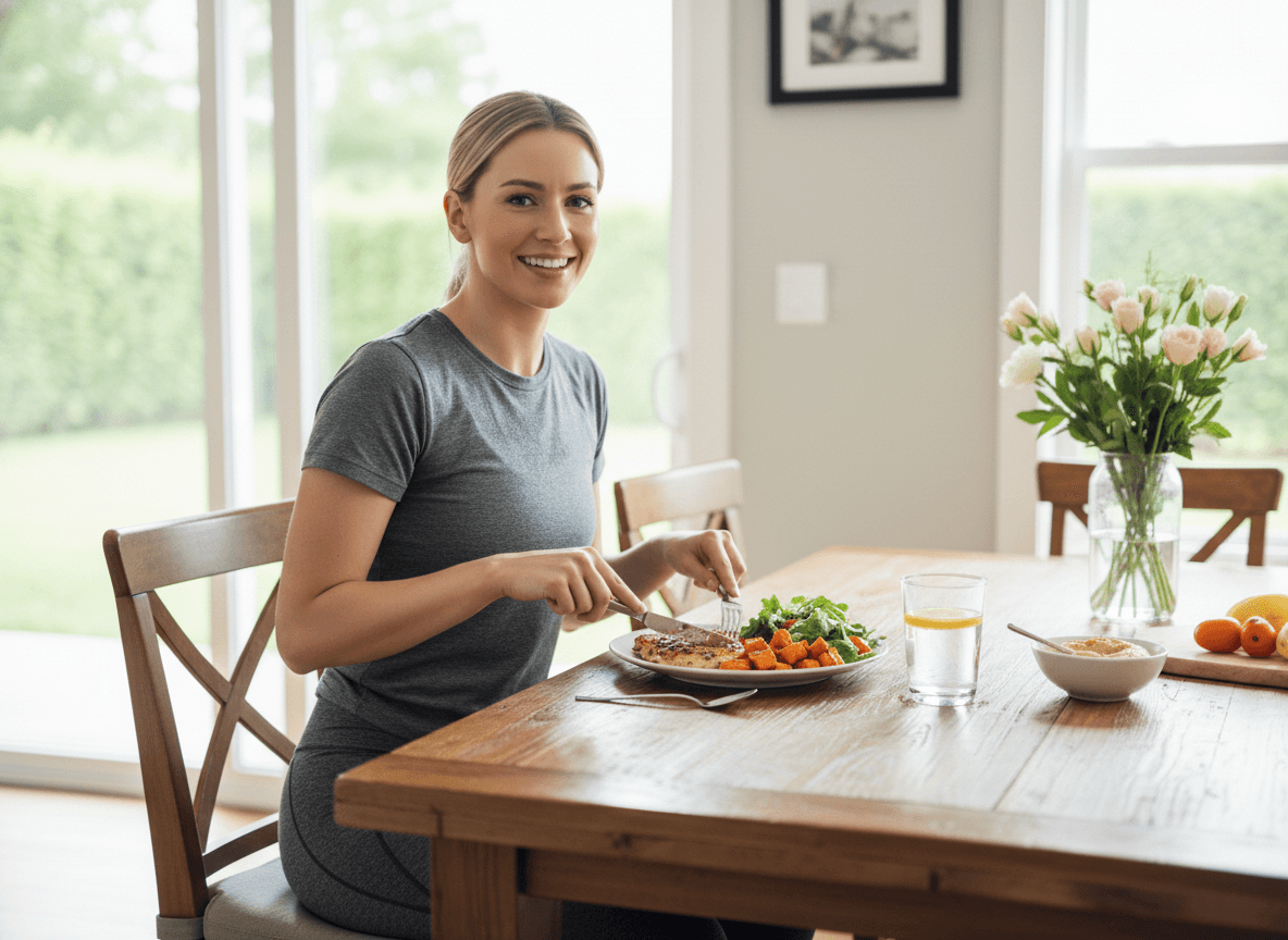 Woman eating a balanced meal with protein, vegetables, and carbs at a dining table, illustrating six pack abs myths about avoiding carbs.