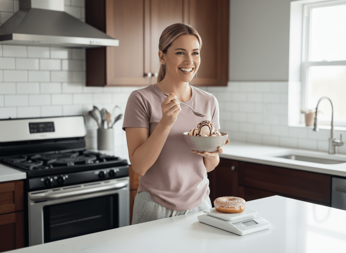 Woman smiling in a kitchen eating a bowl of dessert while a donut sits on a food scale, illustrating six pack abs myths about strict clean eating.