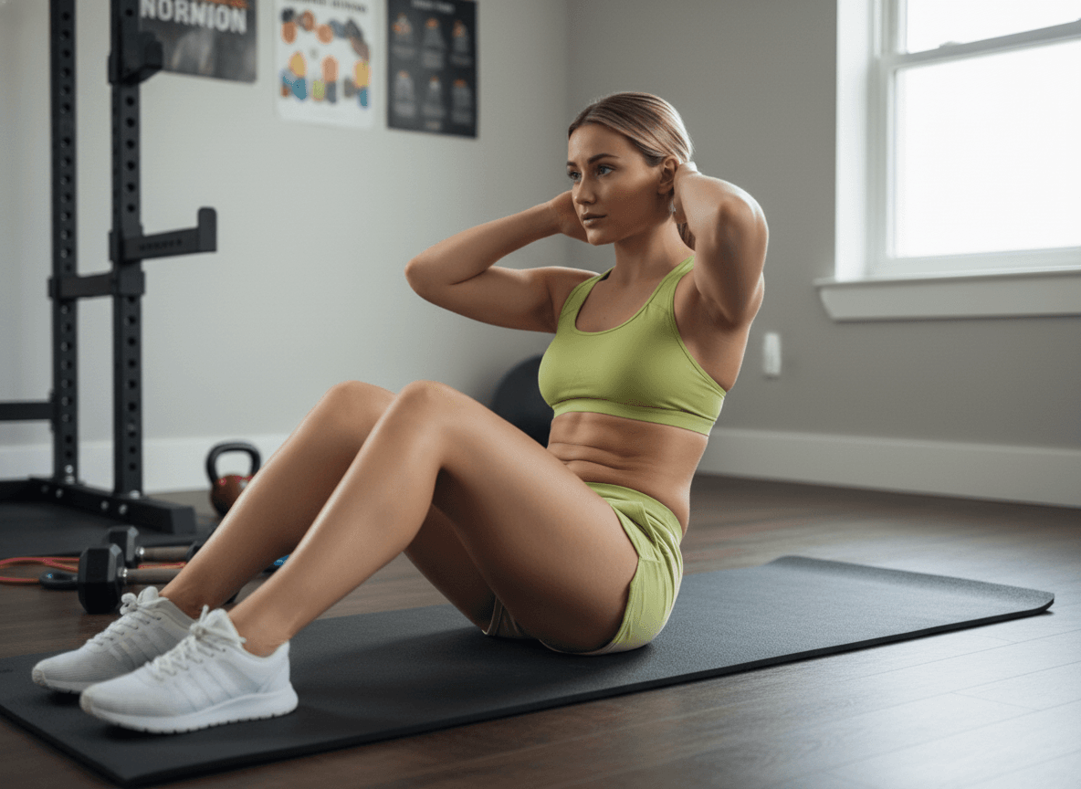Woman performing crunches on a mat in a home gym, illustrating the “crunches burn belly fat” idea from six pack abs myths.