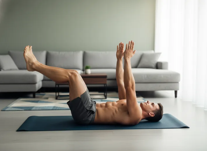 Man lying on a mat with arms raised, one leg extended and one bent, showing best ab exercises for beginners.
