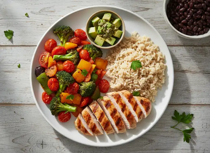 Balanced meal plate with grilled chicken, brown rice, mixed vegetables, and avocado, supporting a sustainable plan to lose belly fat