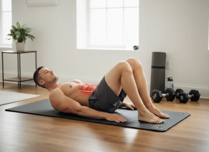Man doing heel taps on a mat with knees bent and shoulders lifted, demonstrating one of the best ab exercises for beginners.