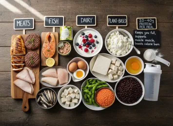 Flat lay of lean protein foods like chicken, fish, eggs, yogurt, tofu, beans, and lentils for nutrition for abs.