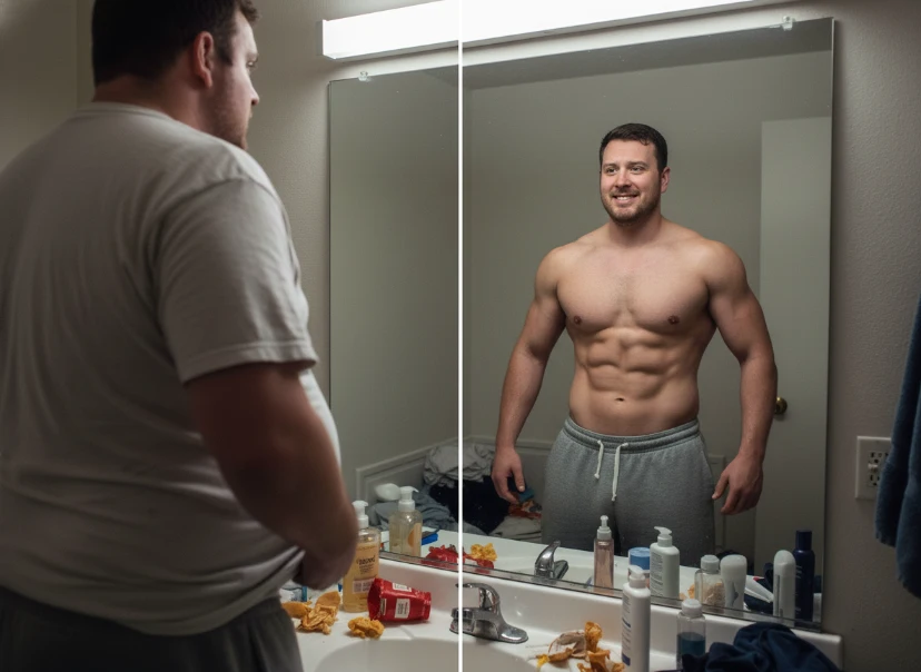 Before-and-after style image of a man looking in a mirror, showing belly fat reduction progress and stronger core definition.