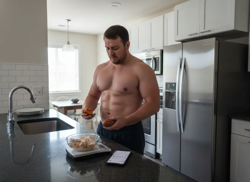Man in a kitchen choosing food while tracking calories, representing step-by-step actions to lose belly fat