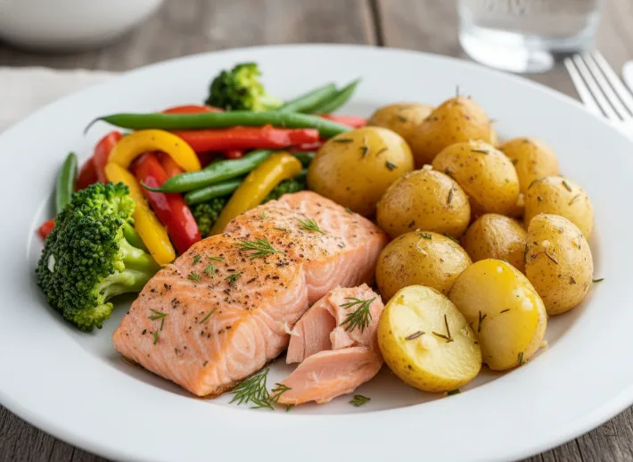 Plate with baked salmon, baby potatoes, and mixed vegetables, showing a balanced meal for nutrition for abs in a sample day.