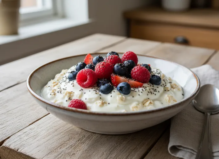 Bowl of Greek yogurt with oats, berries, and chia seeds on a wooden table, a high-protein breakfast illustrating nutrition for abs.
