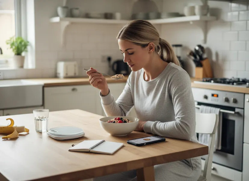 Woman eating a healthy breakfast in a kitchen with a food scale and calorie tracking app, illustrating a calorie deficit for six-pack abs