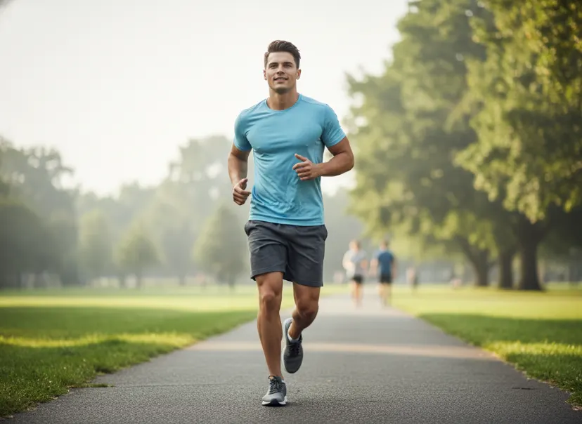Man jogging in a park as smart cardio to help support six-pack abs goals