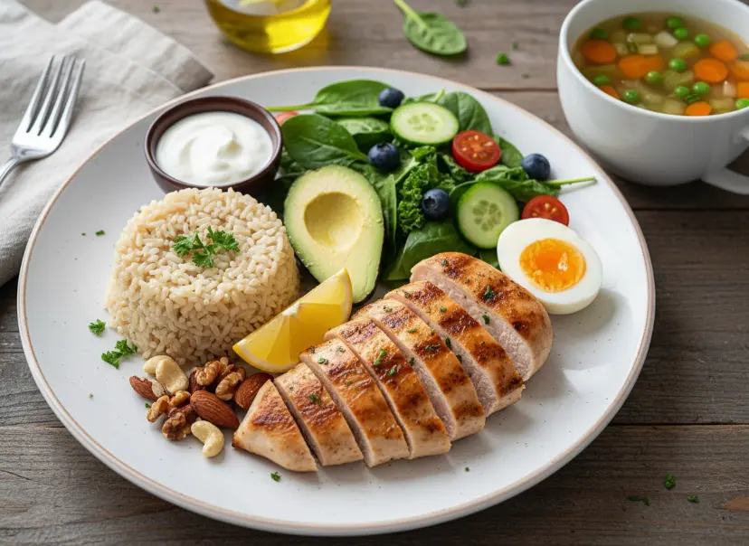 Balanced meal plate with grilled chicken, brown rice, salad, avocado, egg, and nuts to support a calorie deficit for six-pack abs