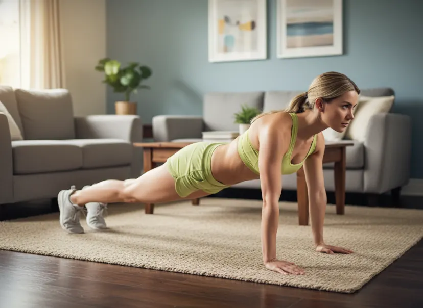 Woman holding a high plank at home to train core strength for six-pack abs