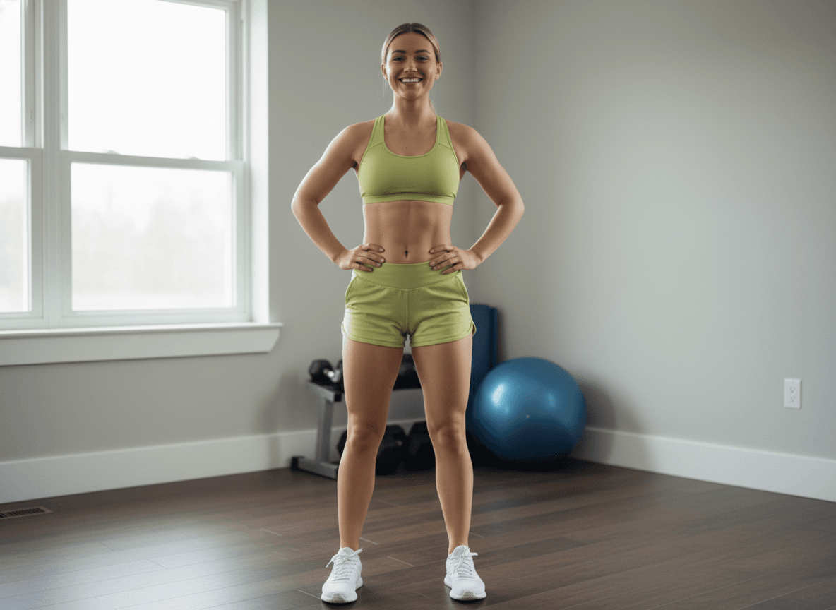 Woman standing in workout clothes in a home gym, representing realistic progress beyond six pack abs myths and quick-fix promises.