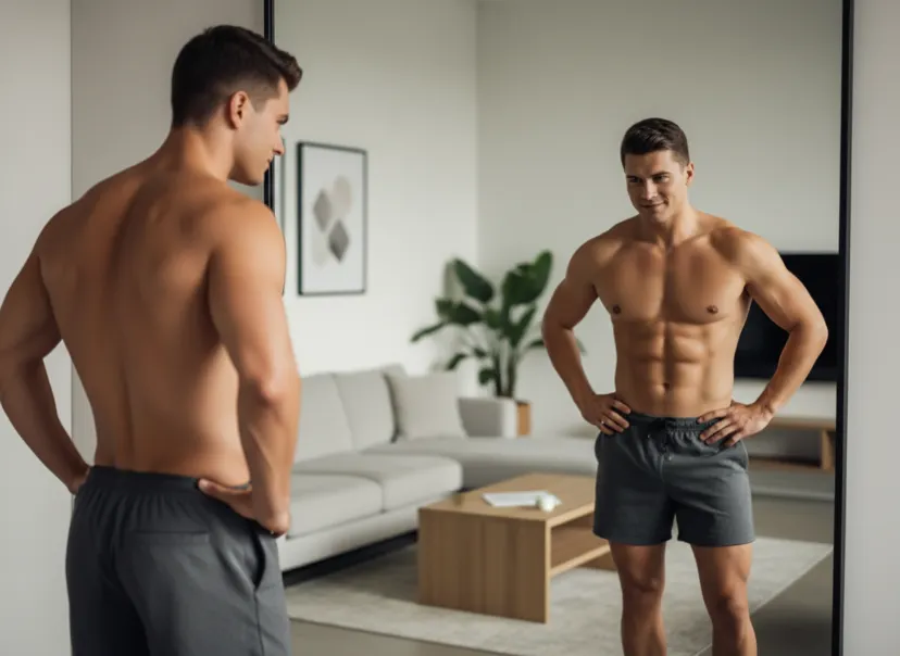 Man looking at his reflection showing visible abs, representing a timeline for how long it takes to get six-pack abs