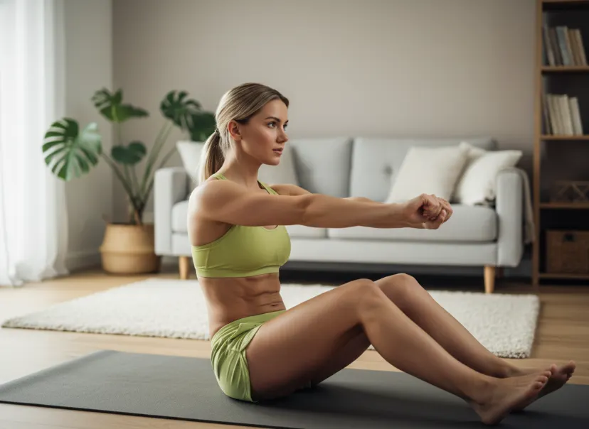 Woman doing a V-sit hold at home to train core strength and build six-pack abs