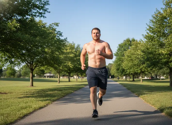 Man jogging on a park path, showing how cardio supports a plan to lose belly fat