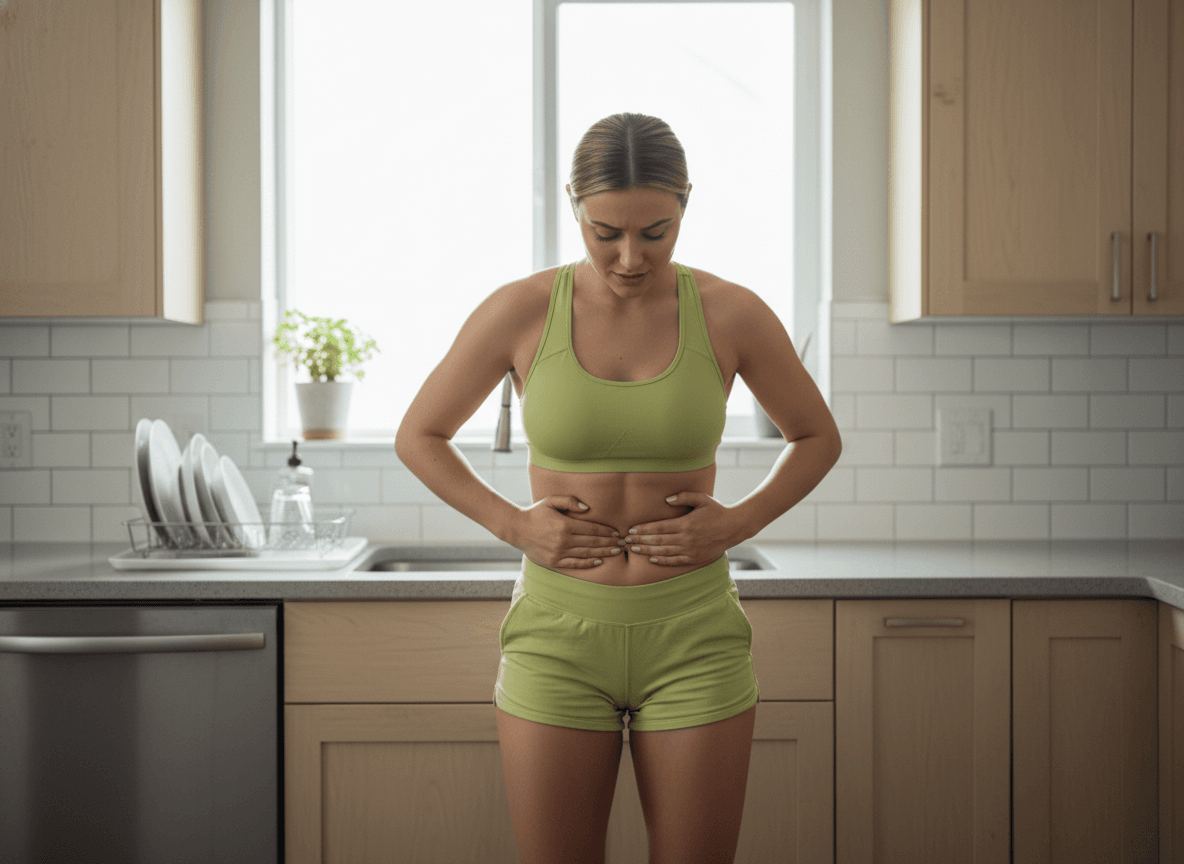 Woman in workout clothes holding her stomach in a kitchen, illustrating the spot-reduction belief discussed in six pack abs myths.