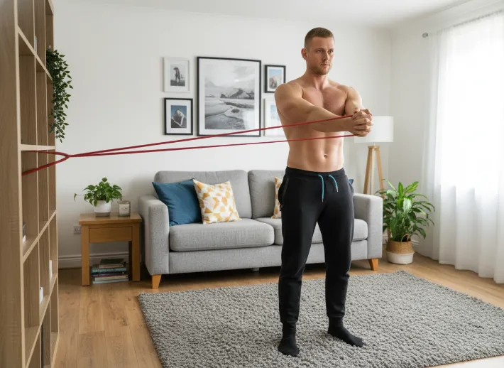 Man performing a standing anti-rotation press with a resistance band anchored to the side, training core stability for beginners.
