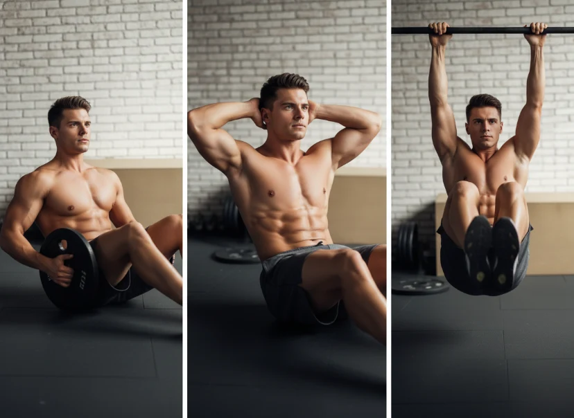 Three-panel image of a man performing different ab exercises in a gym, illustrating how often should you train abs for core strength.