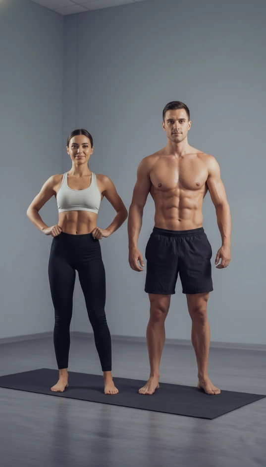 Man and woman standing on a mat with defined abs, representing AbsPro abs workout app for core training on the homepage hero section.
