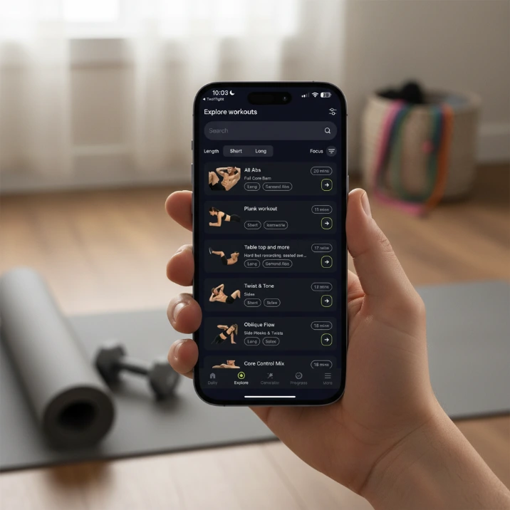 Hand holding phone showing AbsPro explore workouts screen with abs workouts list, plank options, and filters for core training length.