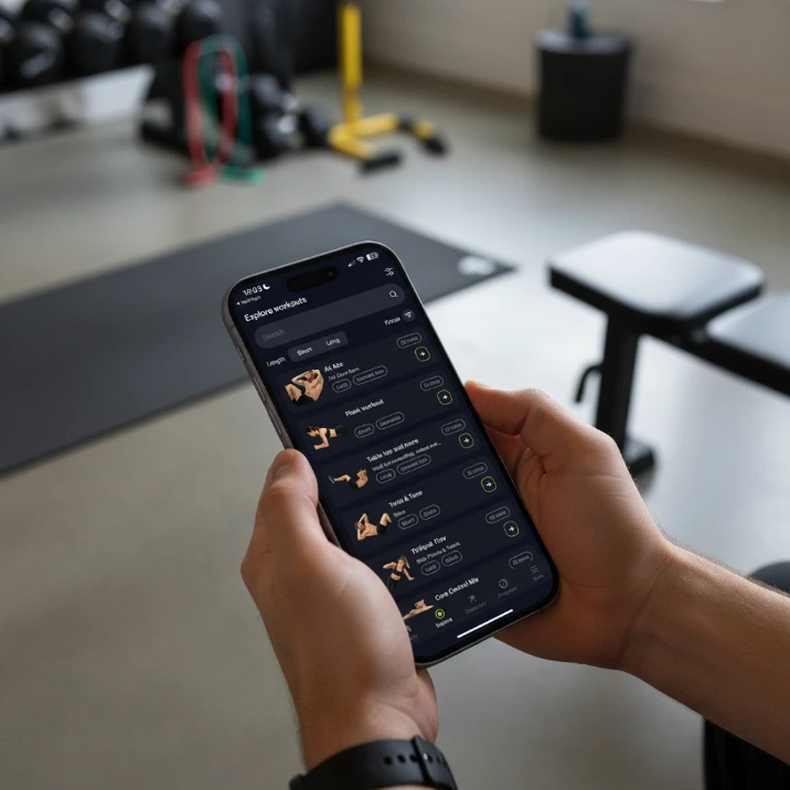 Person holding phone in gym viewing AbsPro explore workouts list, showing abs workouts options and filters for core training focus.