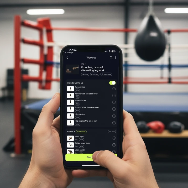 Phone showing Day 1 workout titled crunches, twists and alternating leg work, with warm-up list and start button for core training.