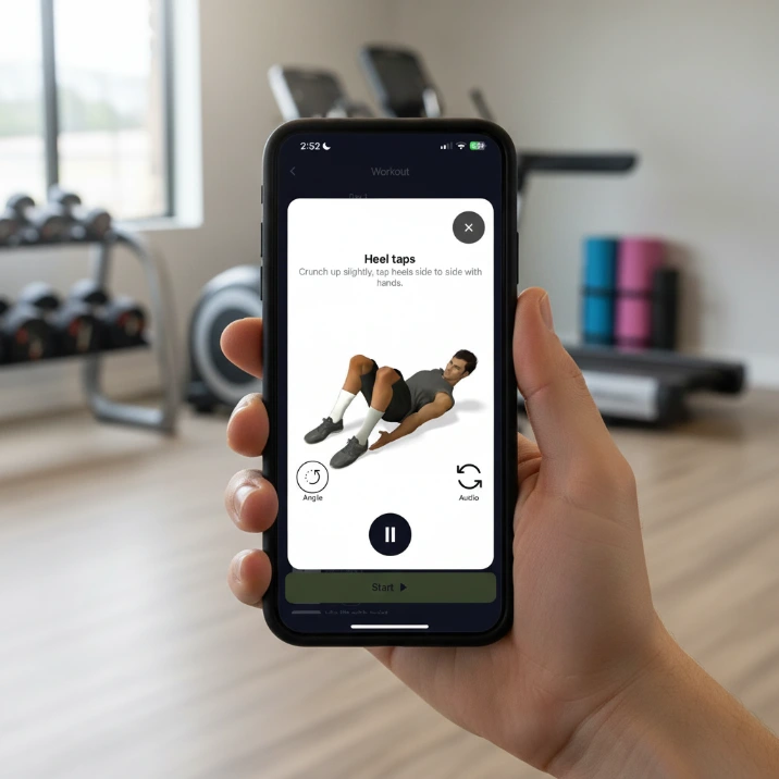 Close-up of phone showing heel taps instructions and animated exercise demo, supporting abs workouts and core training technique.
