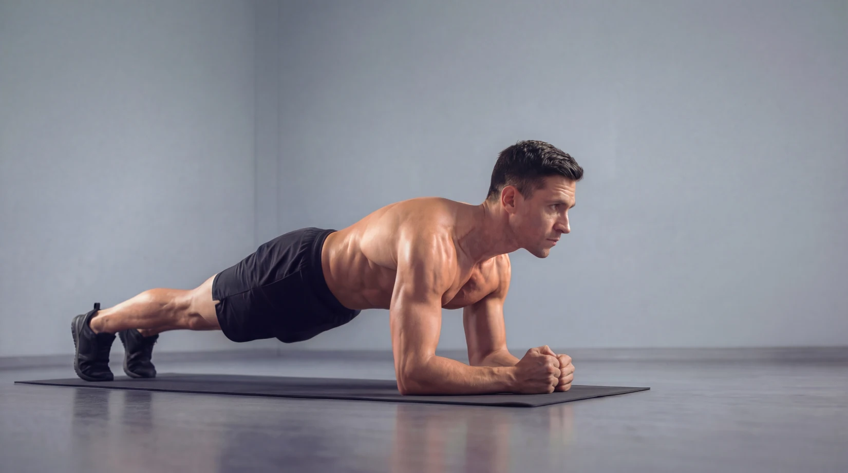Man holding a plank on a mat in a studio, demonstrating core training form used in abs workouts for stability and strength.