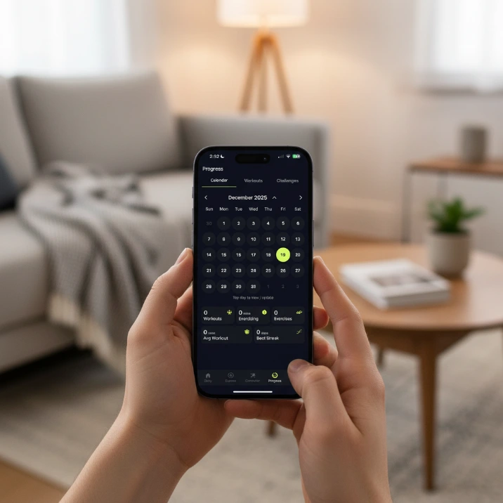 Phone displaying AbsPro progress calendar with monthly view and workout stats, used to track abs workouts and core training streaks.