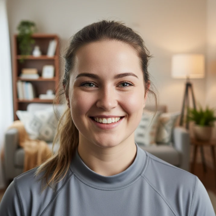 Smiling female app user portrait in the homepage reviews section, representing abs workouts, core workouts, and consistent ab training progress.