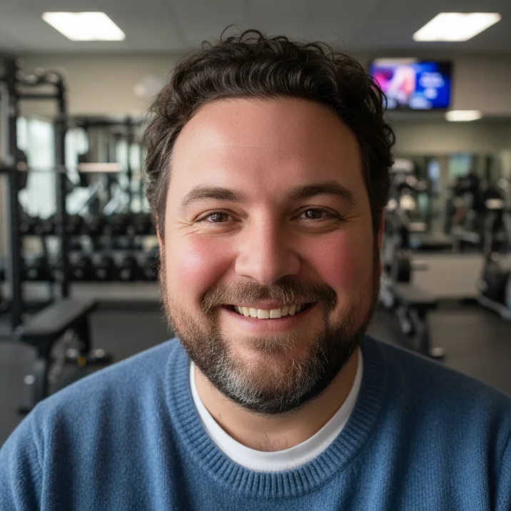 Smiling man in gym setting shown in homepage reviews section, representing abs workouts and core training progress with AbsPro Workouts.