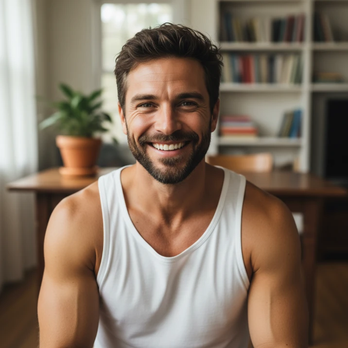 Smiling man in white tank top shown in homepage reviews section, representing abs workouts, core workouts, and ab training consistency.
