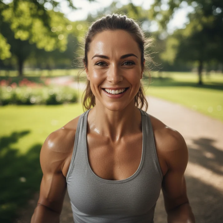 Smiling woman outdoors in athletic top shown in homepage reviews section, representing abs workouts, core workouts, and ab training progress.