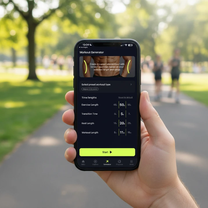 Hand holding phone outdoors showing workout generator settings for exercise length, rest, and total time, for abs workouts and core training.